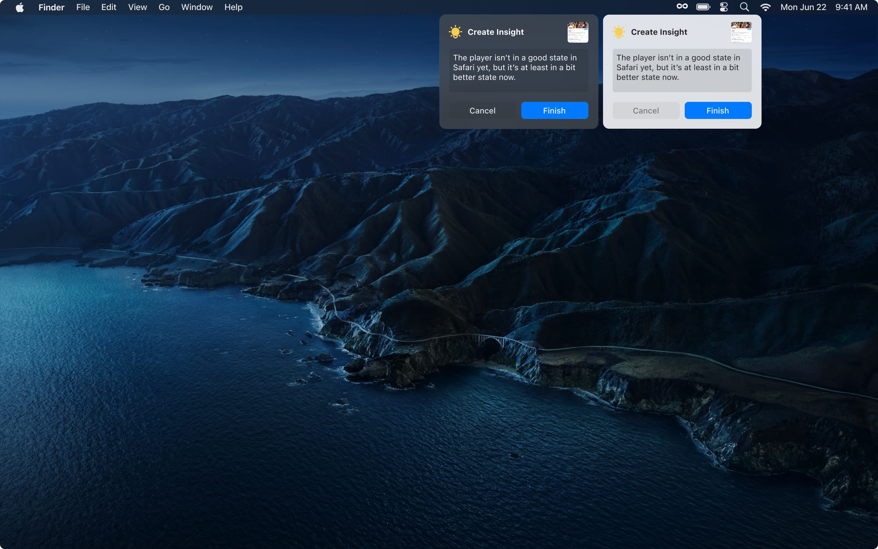 Dark-mode form to title a new insight, with an optional description field